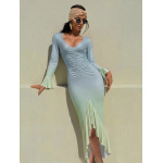 2025 New Trendy Ombre Color-Block Slim-Fit Sexy V-Neck Bodycon Long Sleeve Dress