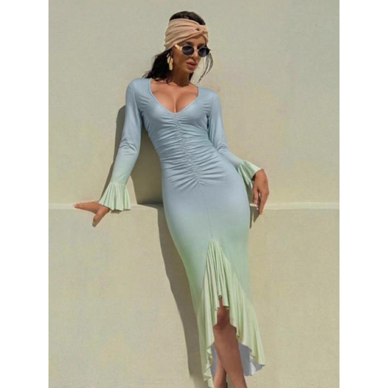 2025 New Trendy Ombre Color-Block Slim-Fit Sexy V-Neck Bodycon Long Sleeve Dress