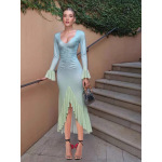 2025 New Trendy Ombre Color-Block Slim-Fit Sexy V-Neck Bodycon Long Sleeve Dress