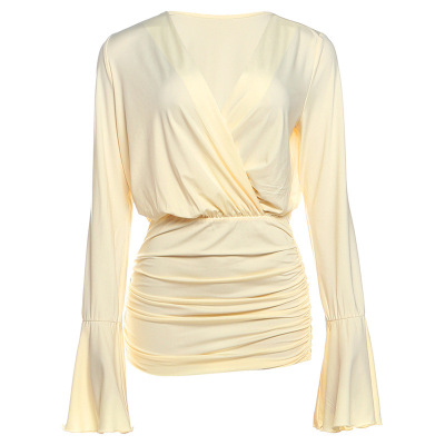 Elegant & Sexy V-Neck High-Waist Bodycon Dress with Ruched Detail and Flared Sleeves 01