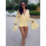 Elegant & Sexy V-Neck High-Waist Bodycon Dress with Ruched Detail and Flared Sleeves