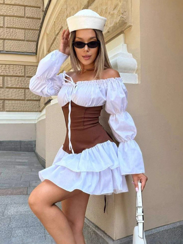 Elegant Seduction Color-Block Off-Shoulder Bodycon Dress with Puff Sleeves