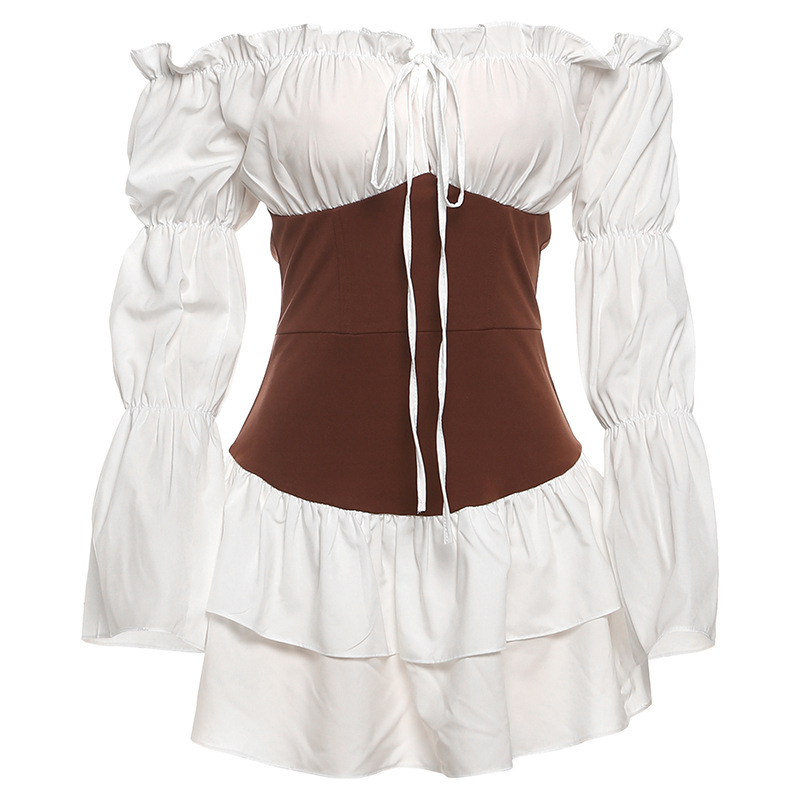 Elegant Seduction Color-Block Off-Shoulder Bodycon Dress with Puff Sleeves