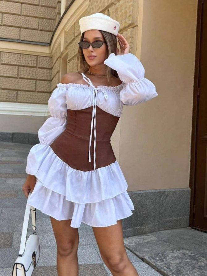 Elegant Seduction Color-Block Off-Shoulder Bodycon Dress with Puff Sleeves