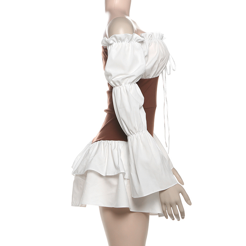 Elegant Seduction Color-Block Off-Shoulder Bodycon Dress with Puff Sleeves