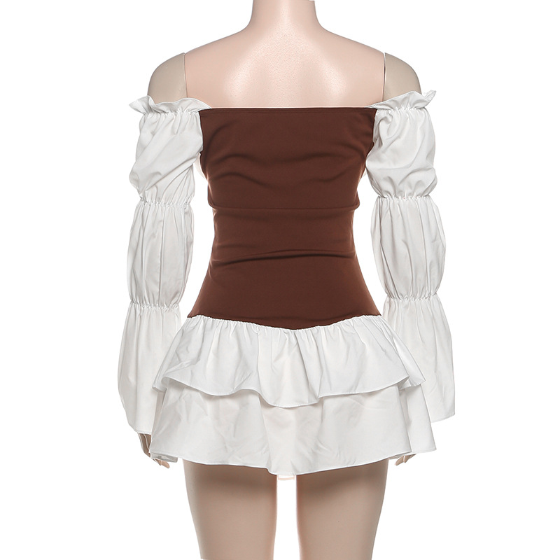 Elegant Seduction Color-Block Off-Shoulder Bodycon Dress with Puff Sleeves