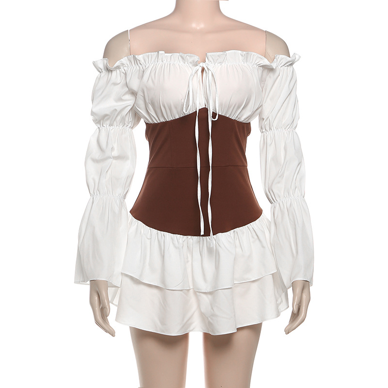 Elegant Seduction Color-Block Off-Shoulder Bodycon Dress with Puff Sleeves