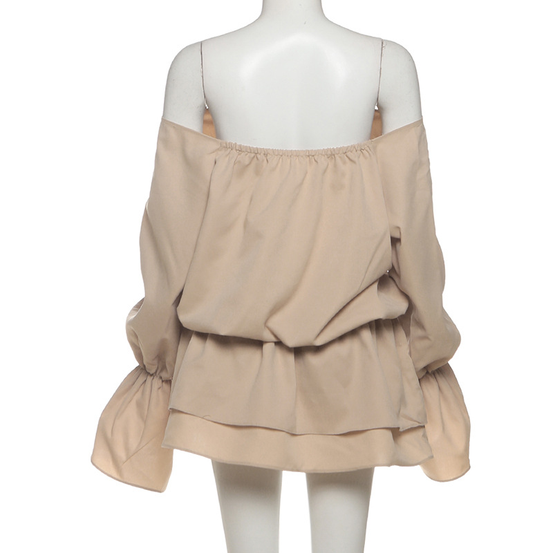 Sexy Solid Color Off-Shoulder Backless Dress with Tie Waist & Flared Bell Sleeves