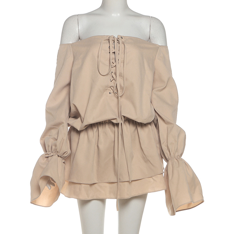 Sexy Solid Color Off-Shoulder Backless Dress with Tie Waist & Flared Bell Sleeves