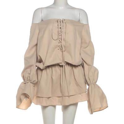 Sexy Solid Color Off-Shoulder Backless Dress with Tie Waist & Flared Bell Sleeves 02