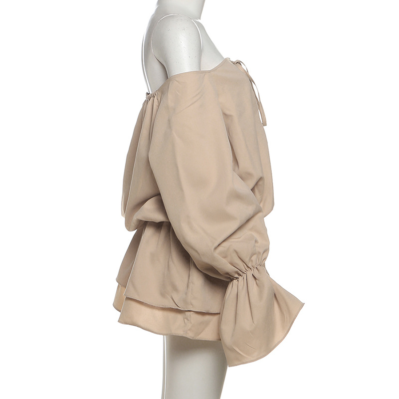 Sexy Solid Color Off-Shoulder Backless Dress with Tie Waist & Flared Bell Sleeves