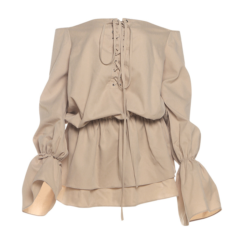 Sexy Solid Color Off-Shoulder Backless Dress with Tie Waist & Flared Bell Sleeves