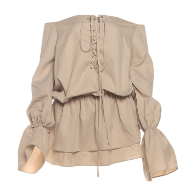 Sexy Solid Color Off-Shoulder Backless Dress with Tie Waist & Flared Bell Sleeves 01