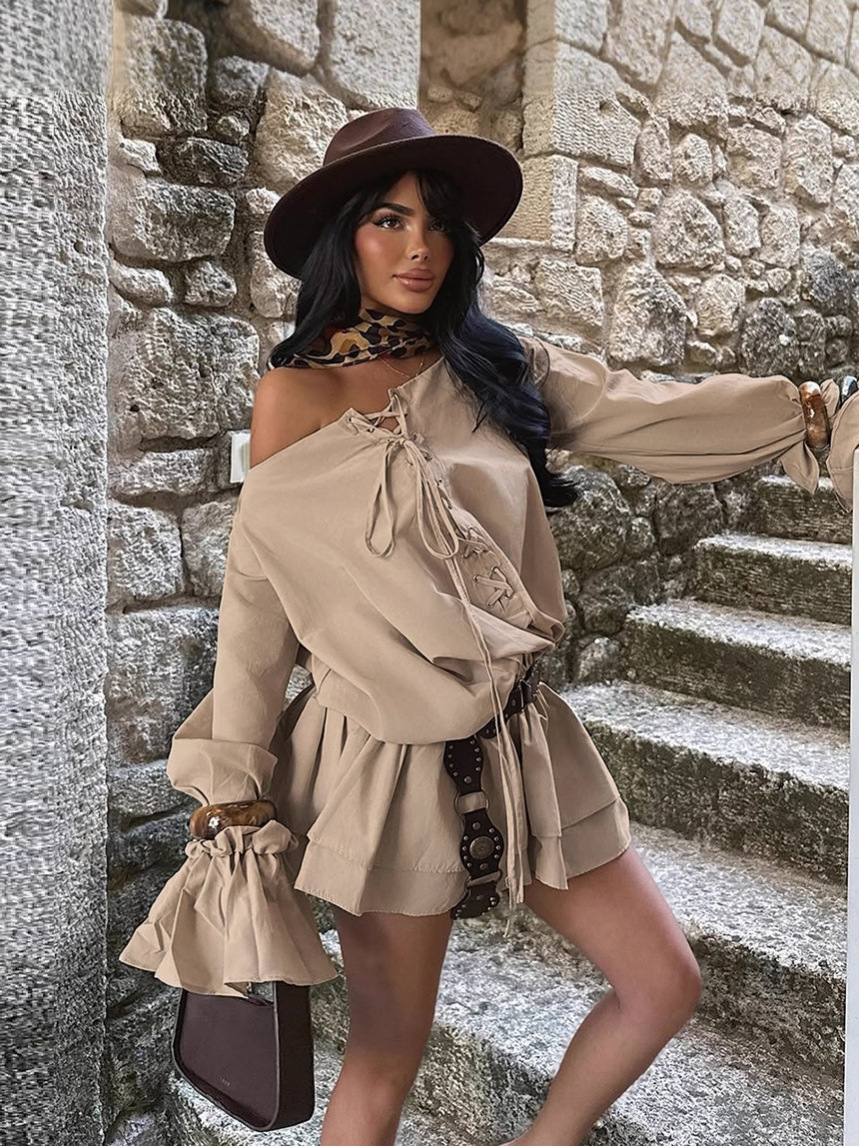 Sexy Solid Color Off-Shoulder Backless Dress with Tie Waist & Flared Bell Sleeves