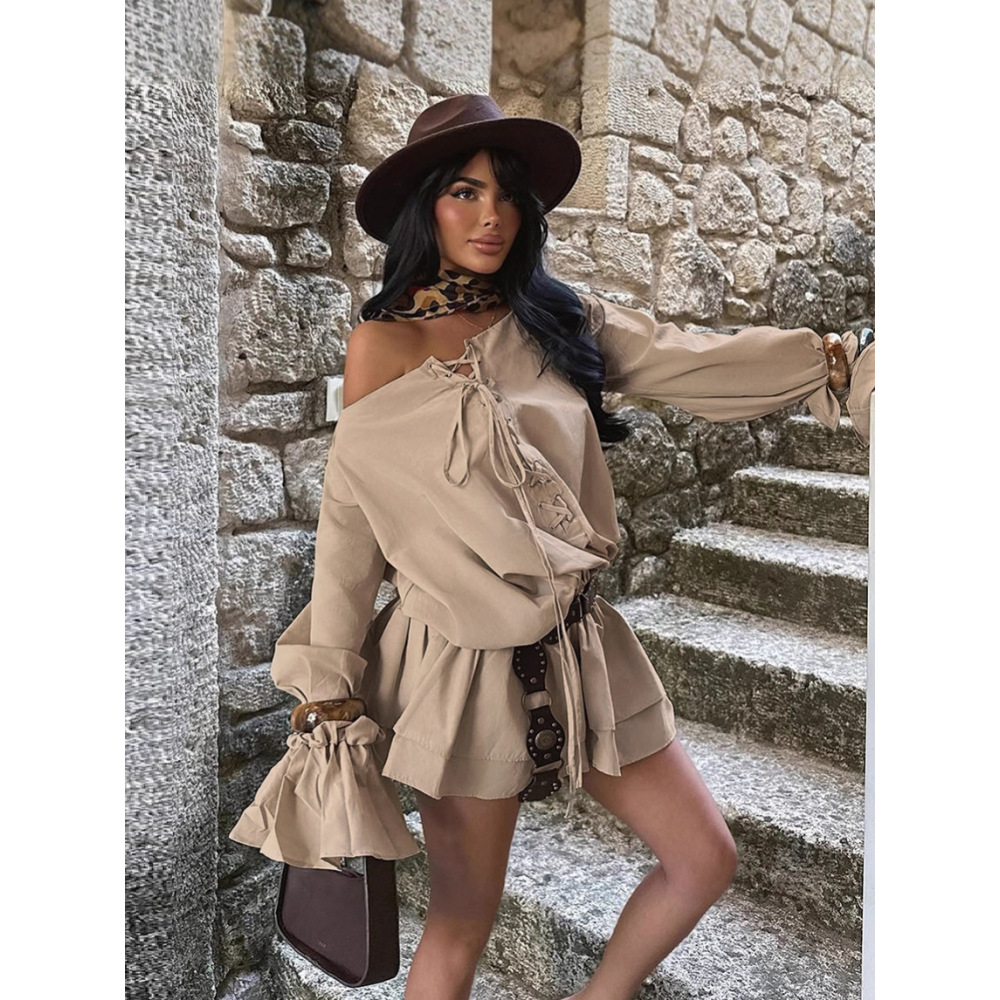 Sexy Solid Color Off-Shoulder Backless Dress with Tie Waist & Flared Bell Sleeves