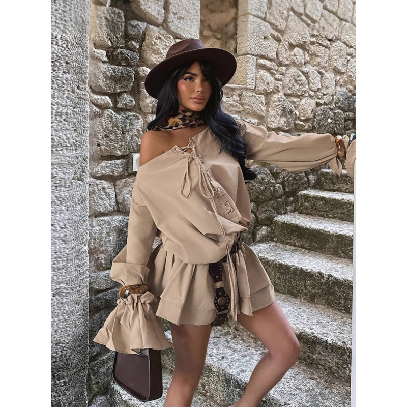 Sexy Solid Color Off-Shoulder Backless Dress with Tie Waist & Flared Bell Sleeves