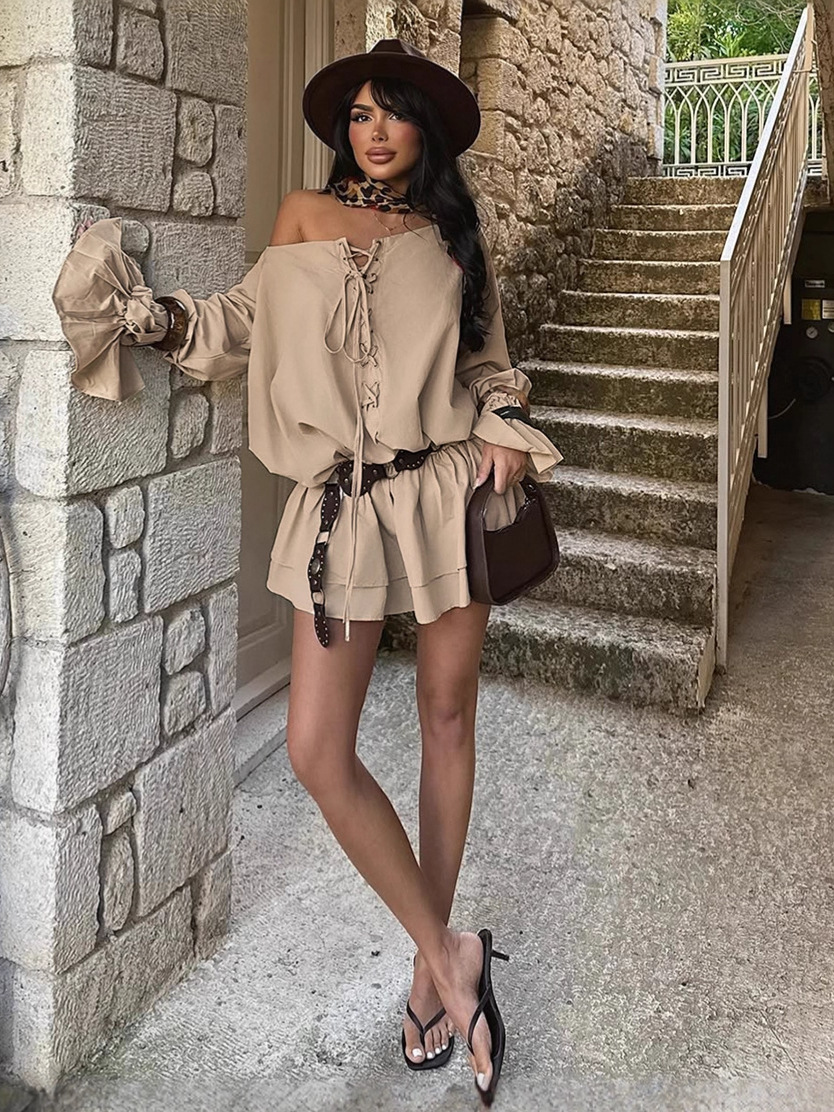 Sexy Solid Color Off-Shoulder Backless Dress with Tie Waist & Flared Bell Sleeves