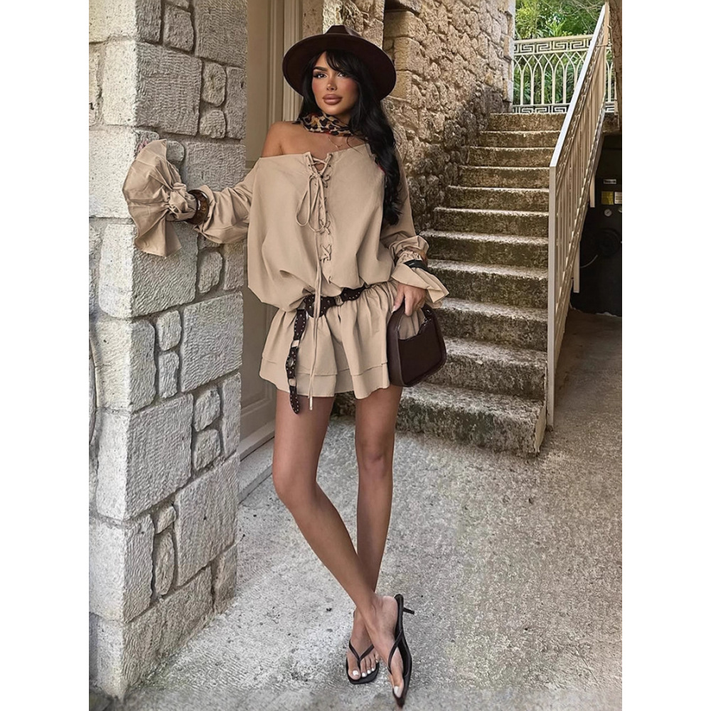 Sexy Solid Color Off-Shoulder Backless Dress with Tie Waist & Flared Bell Sleeves