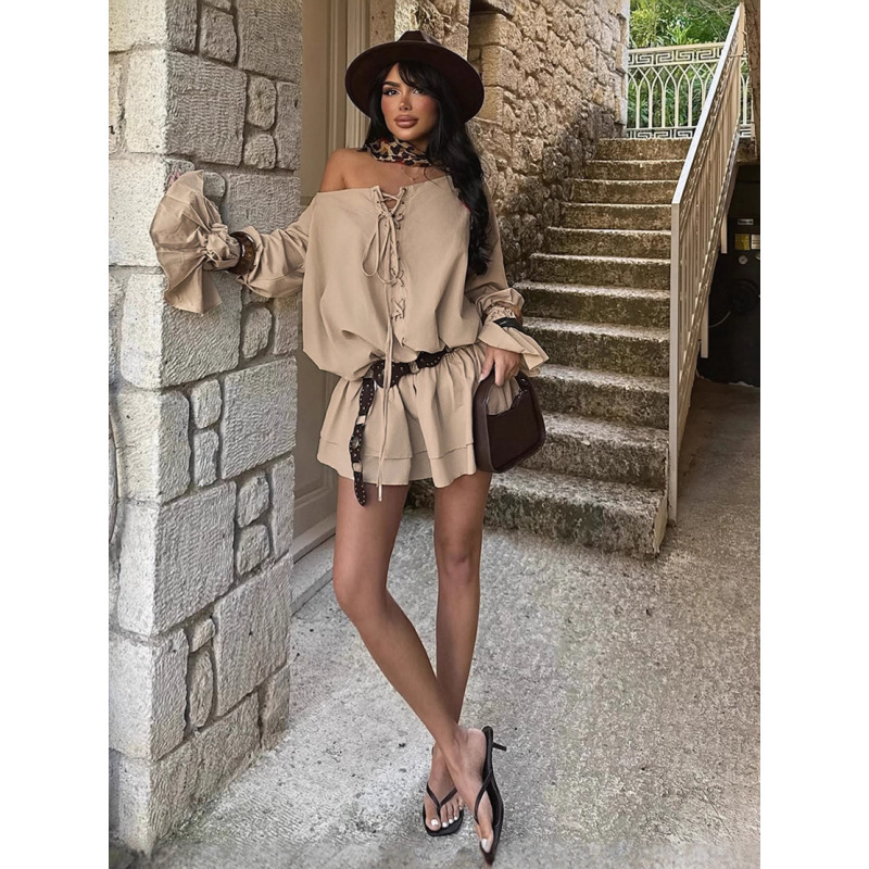 Sexy Solid Color Off-Shoulder Backless Dress with Tie Waist & Flared Bell Sleeves