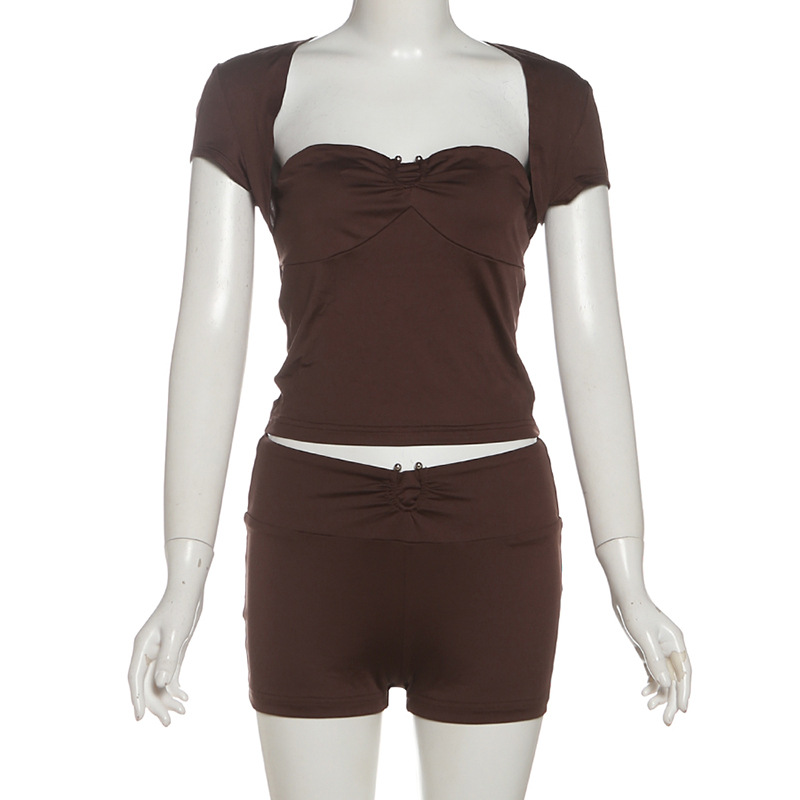 Stylish Solid Color Square Neck Crop Top & High-Waisted Shorts Set