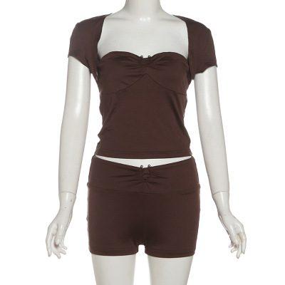 Stylish Solid Color Square Neck Crop Top & High-Waisted Shorts Set 02