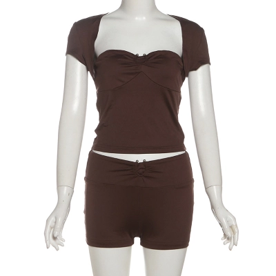 Stylish Solid Color Square Neck Crop Top & High-Waisted Shorts Set 02