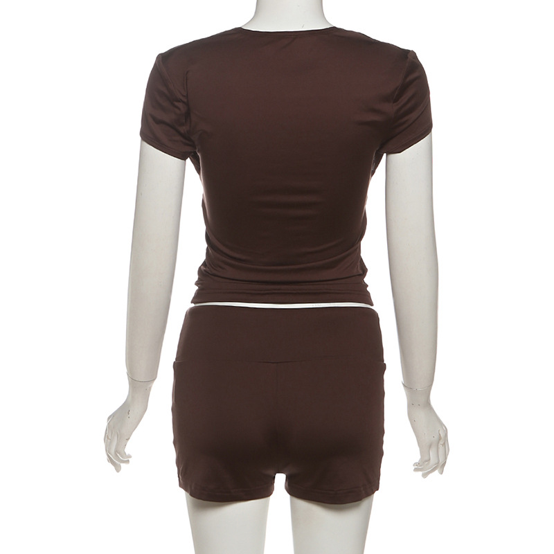 Stylish Solid Color Square Neck Crop Top & High-Waisted Shorts Set