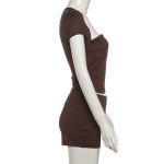 Stylish Solid Color Square Neck Crop Top & High-Waisted Shorts Set
