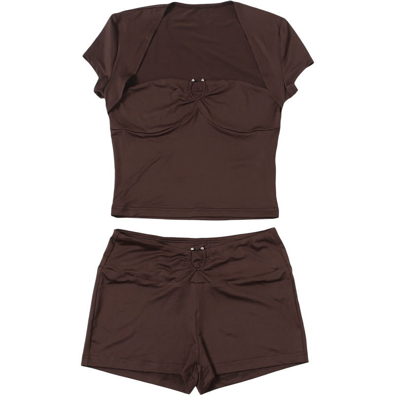 Stylish Solid Color Square Neck Crop Top & High-Waisted Shorts Set