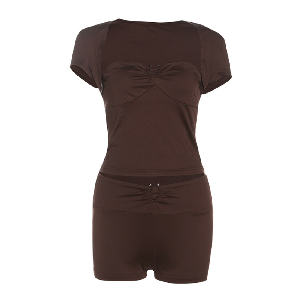 Stylish Solid Color Square Neck Crop Top & High-Waisted Shorts Set