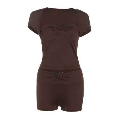 Stylish Solid Color Square Neck Crop Top & High-Waisted Shorts Set 01