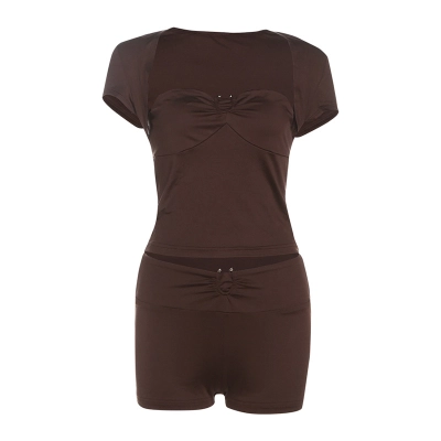 Stylish Solid Color Square Neck Crop Top & High-Waisted Shorts Set 01