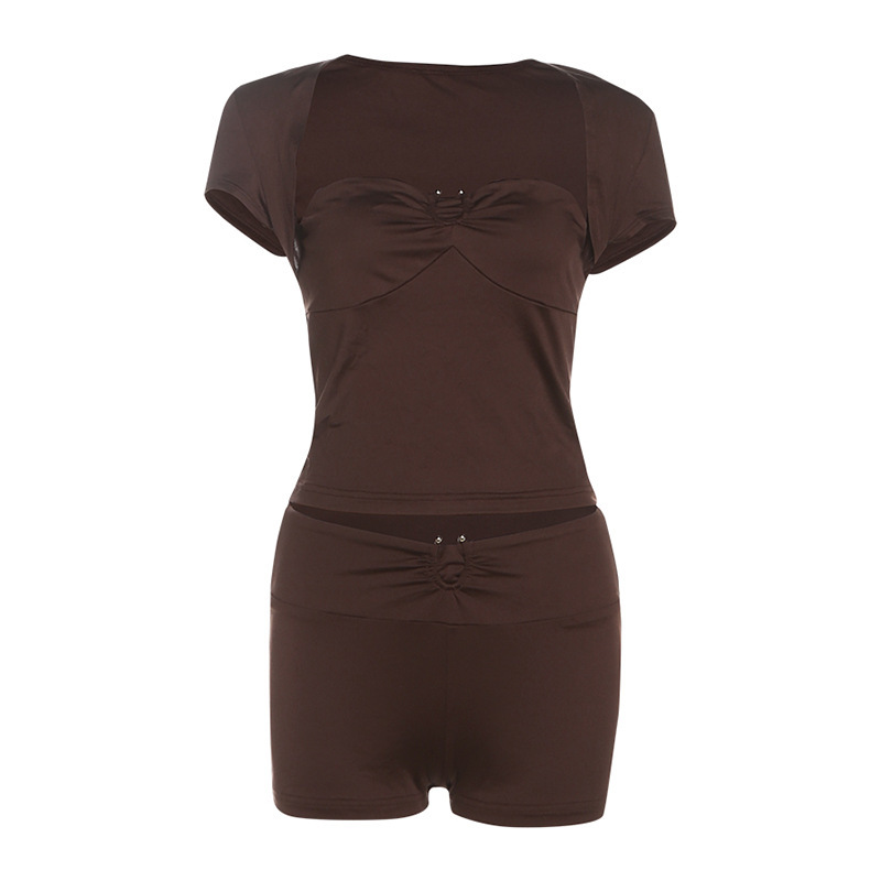 Stylish Solid Color Square Neck Crop Top & High-Waisted Shorts Set