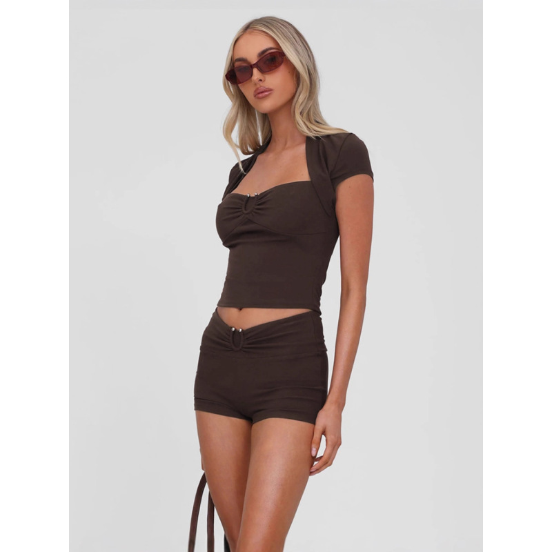 Stylish Solid Color Square Neck Crop Top & High-Waisted Shorts Set