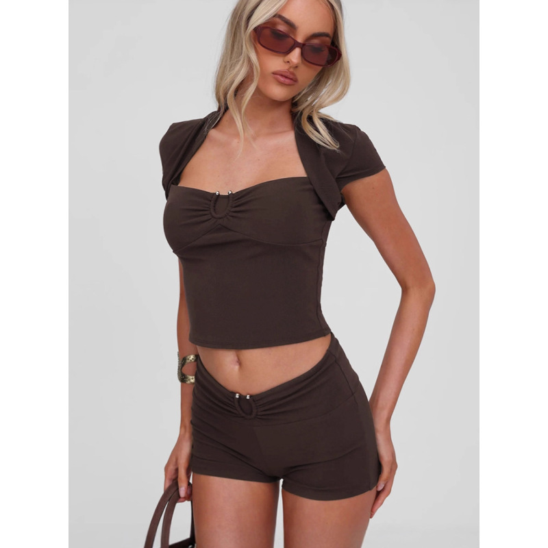 Stylish Solid Color Square Neck Crop Top & High-Waisted Shorts Set