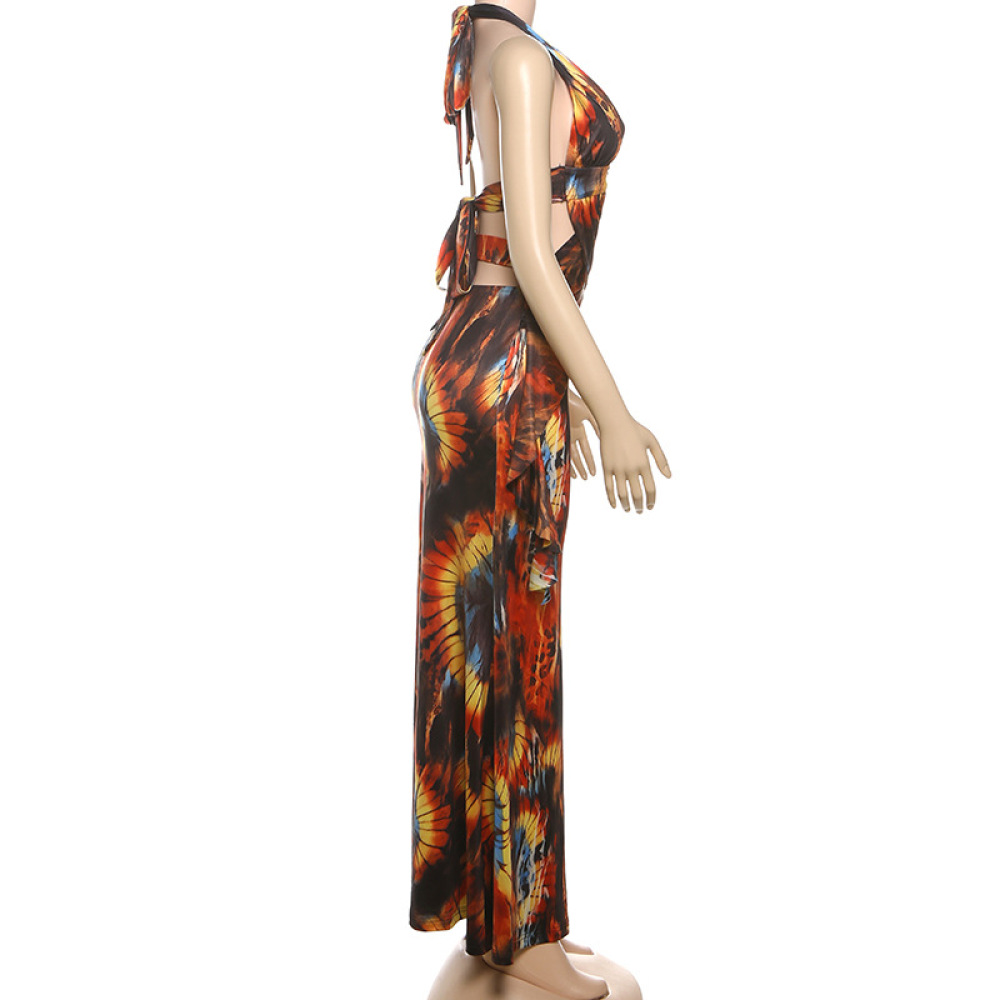 Trendy Sexy Print Halter Neck Tie-Back Bodycon Dress with Color-Block Detail