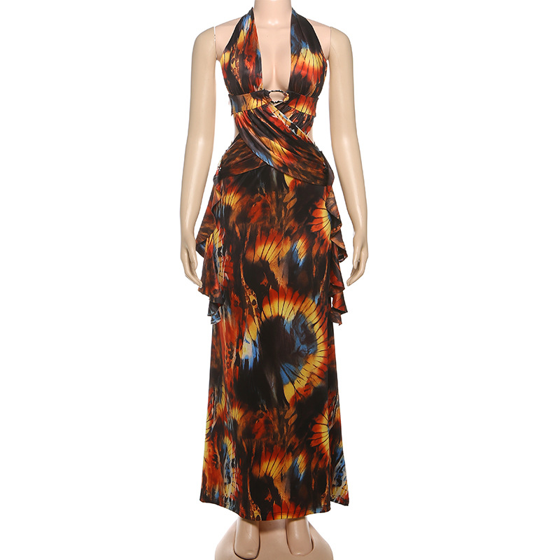 Trendy Sexy Print Halter Neck Tie-Back Bodycon Dress with Color-Block Detail