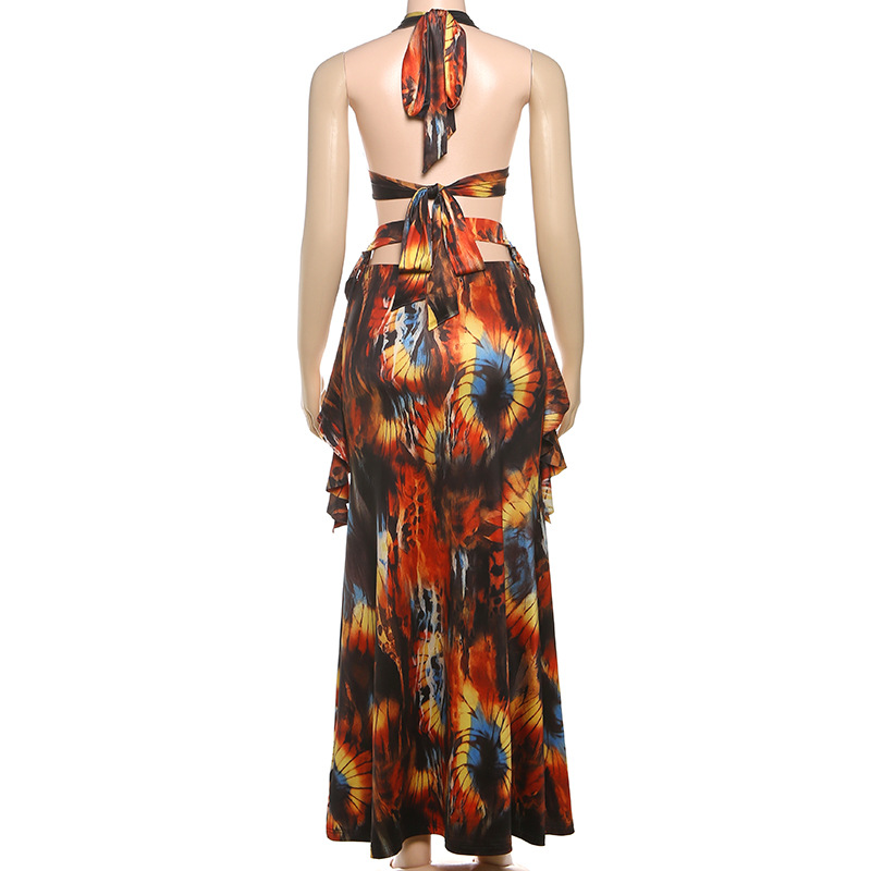 Trendy Sexy Print Halter Neck Tie-Back Bodycon Dress with Color-Block Detail