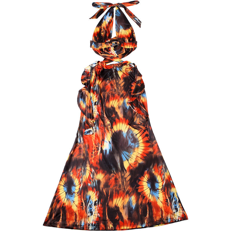 Trendy Sexy Print Halter Neck Tie-Back Bodycon Dress with Color-Block Detail