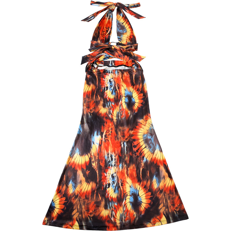 Trendy Sexy Print Halter Neck Tie-Back Bodycon Dress with Color-Block Detail