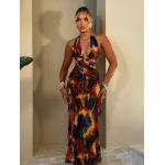 Trendy Sexy Print Halter Neck Tie-Back Bodycon Dress with Color-Block Detail