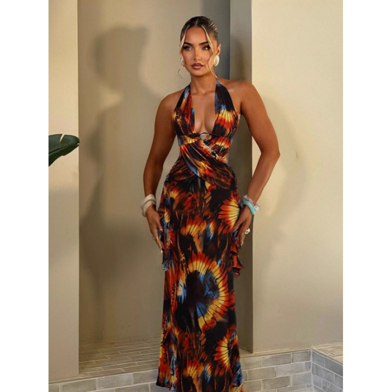 Trendy Sexy Print Halter Neck Tie-Back Bodycon Dress with Color-Block Detail