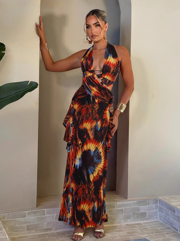 Trendy Sexy Print Halter Neck Tie-Back Bodycon Dress with Color-Block Detail