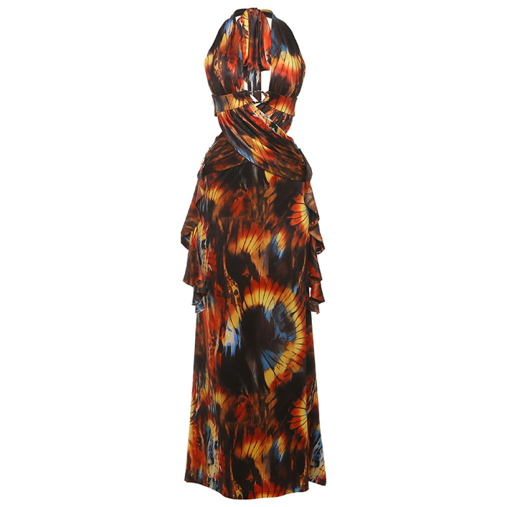 Trendy Sexy Print Halter Neck Tie-Back Bodycon Dress with Color-Block Detail