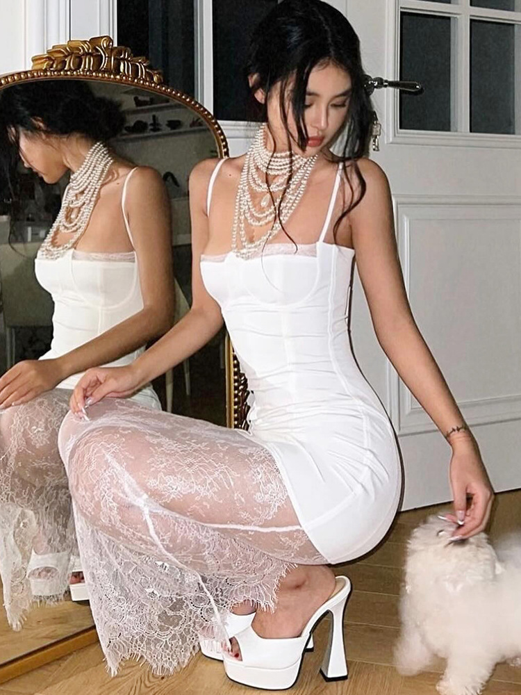 Fashionable Square Neck Bodycon Long Dress with Lace Sheer Panel and Spaghetti Straps