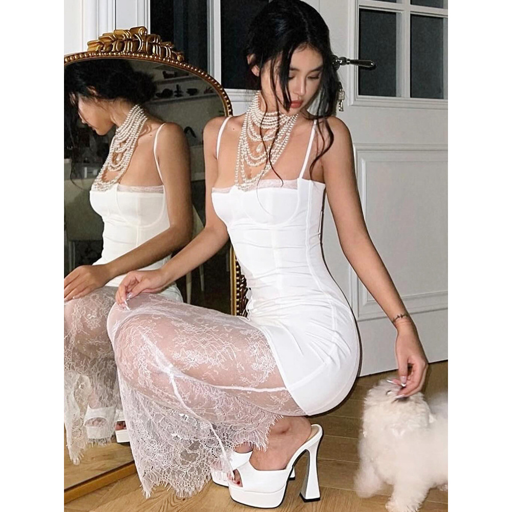Fashionable Square Neck Bodycon Long Dress with Lace Sheer Panel and Spaghetti Straps