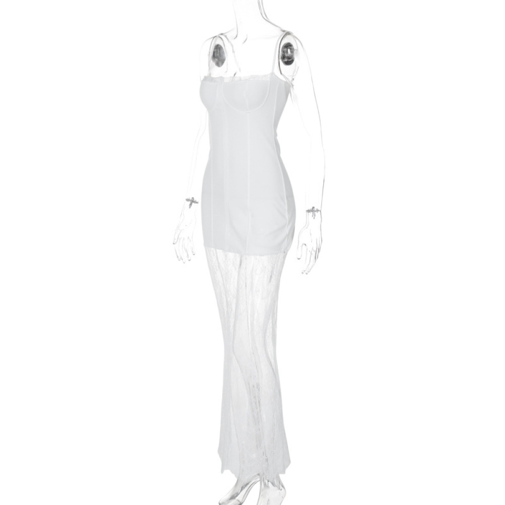 Fashionable Square Neck Bodycon Long Dress with Lace Sheer Panel and Spaghetti Straps