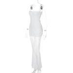 Fashionable Square Neck Bodycon Long Dress with Lace Sheer Panel and Spaghetti Straps