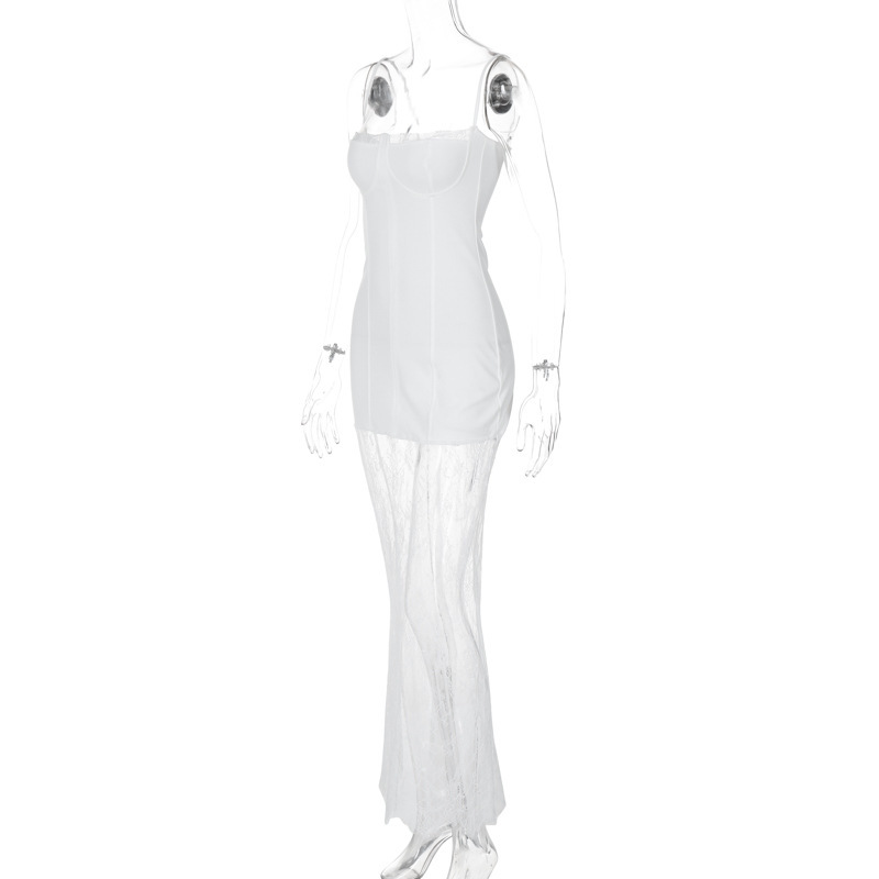 Fashionable Square Neck Bodycon Long Dress with Lace Sheer Panel and Spaghetti Straps