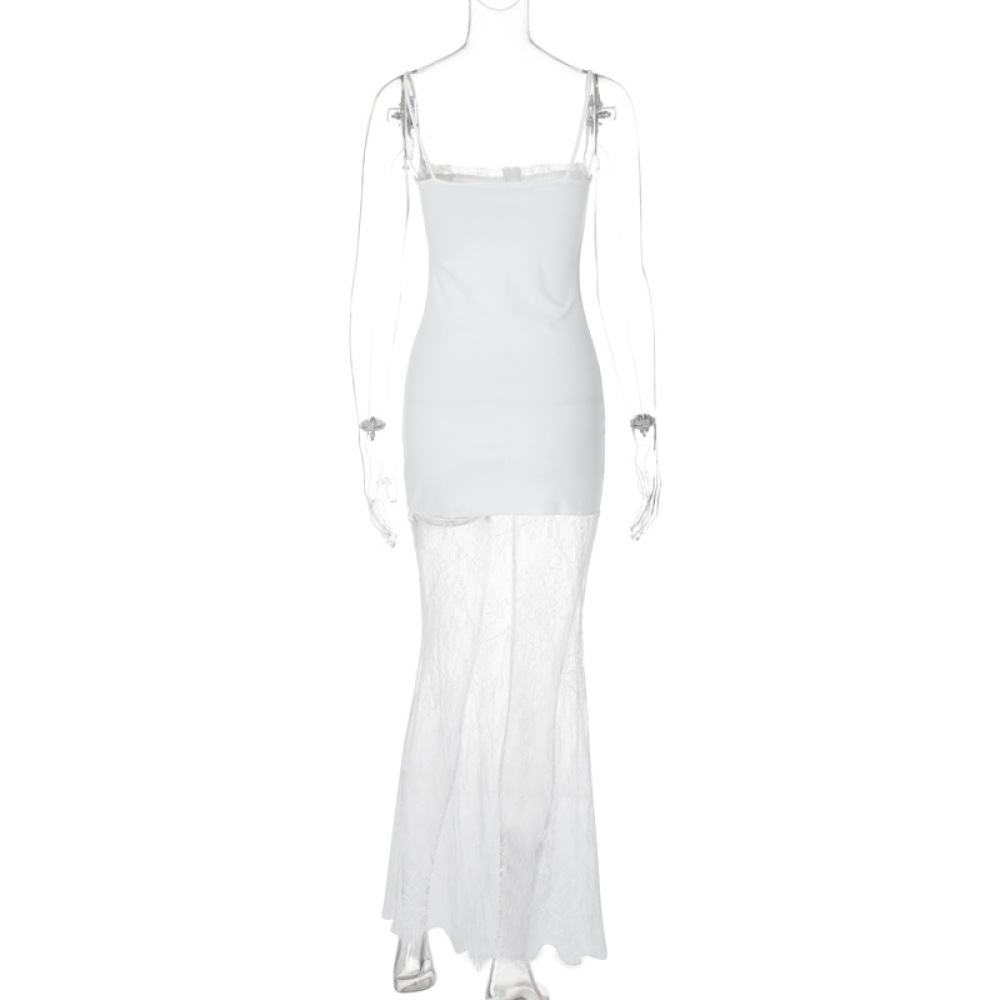 Fashionable Square Neck Bodycon Long Dress with Lace Sheer Panel and Spaghetti Straps